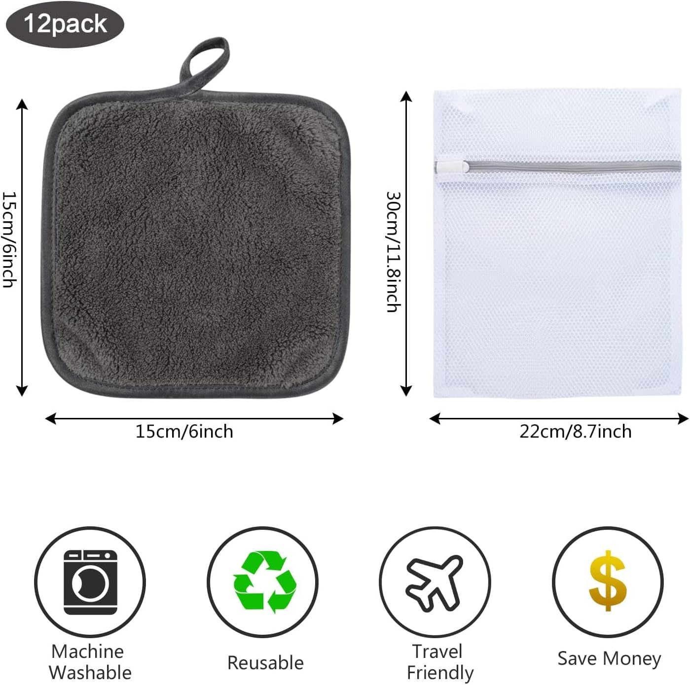 12 Pcs Microfiber Makeup Remover Cloth Soft Facial Cleansing Cloths Absorbent Washcloth Face Cloths with Laundry Bag Grey15X15 Cm