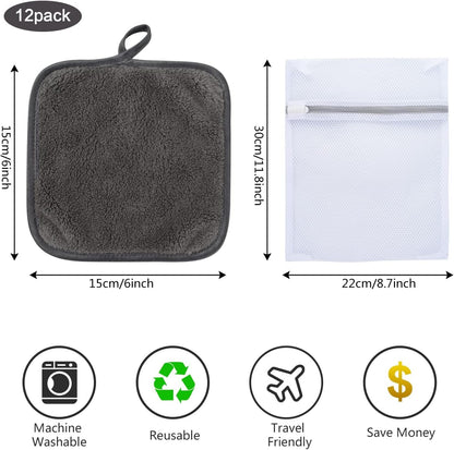 12 Pcs Microfiber Makeup Remover Cloth Soft Facial Cleansing Cloths Absorbent Washcloth Face Cloths with Laundry Bag Grey15X15 Cm