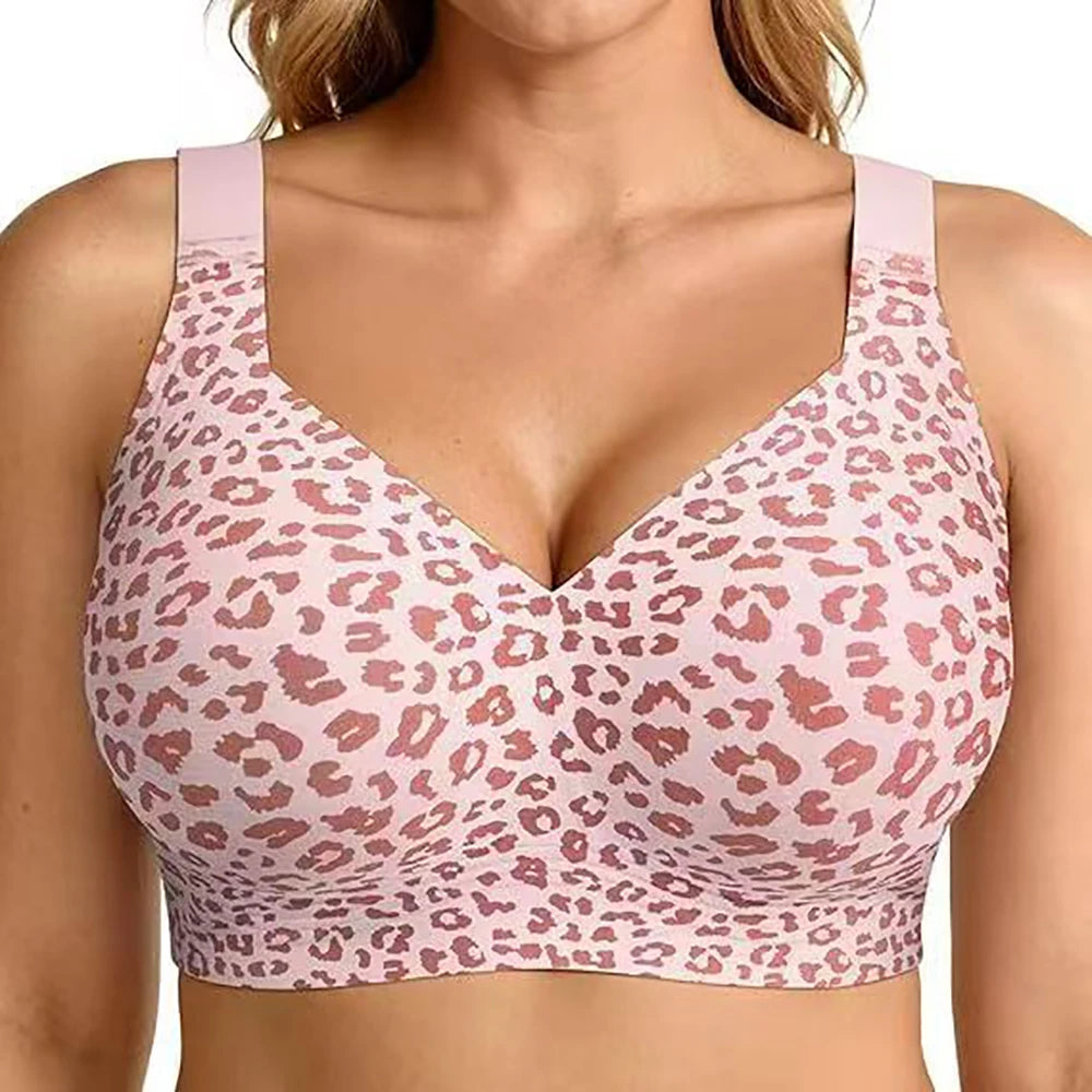 Stylish Leopard Print Wireless Push-Up Bra - Seamless Full Coverage Bralette for Plus Size Comfort