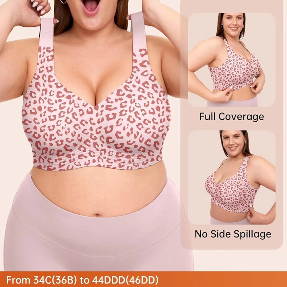 Stylish Leopard Print Wireless Push-Up Bra - Seamless Full Coverage Bralette for Plus Size Comfort