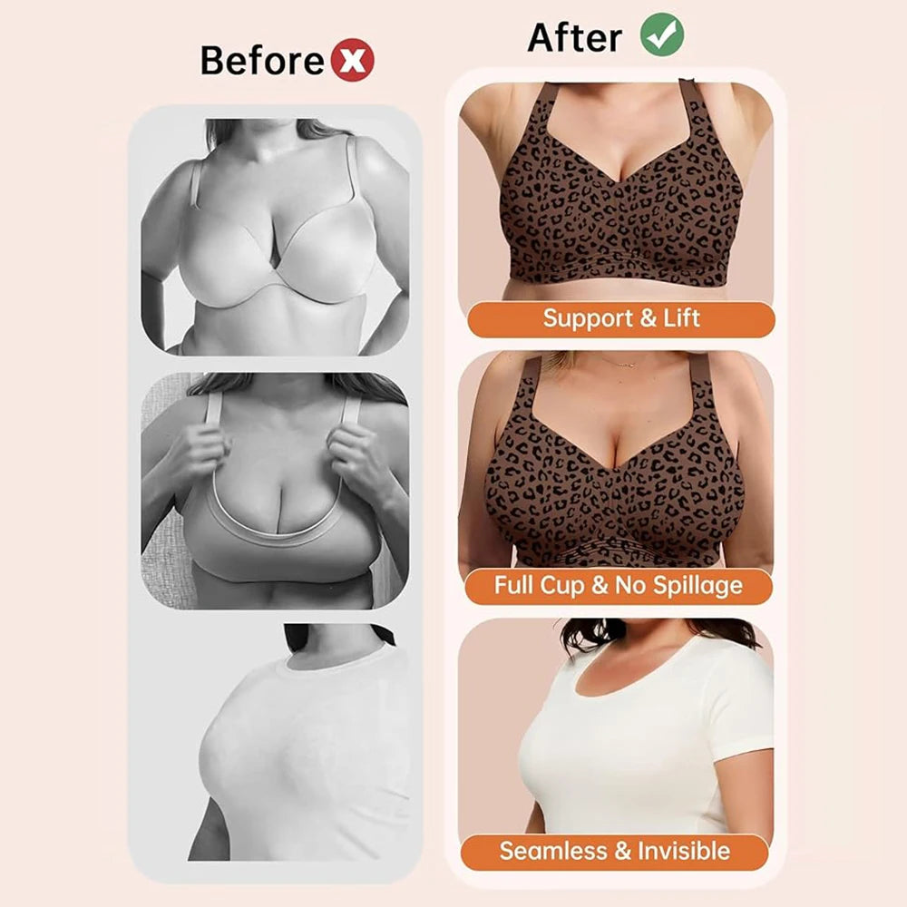 Stylish Leopard Print Wireless Push-Up Bra - Seamless Full Coverage Bralette for Plus Size Comfort