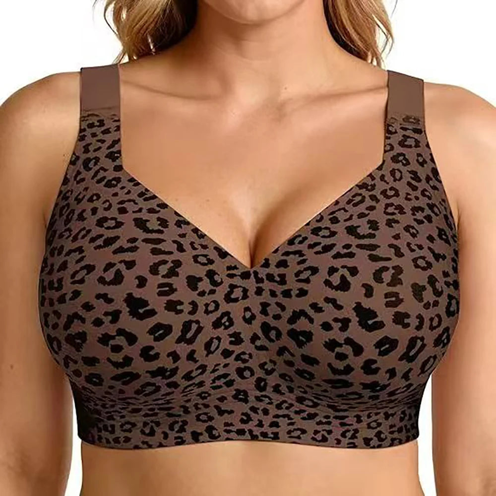 Stylish Leopard Print Wireless Push-Up Bra - Seamless Full Coverage Bralette for Plus Size Comfort