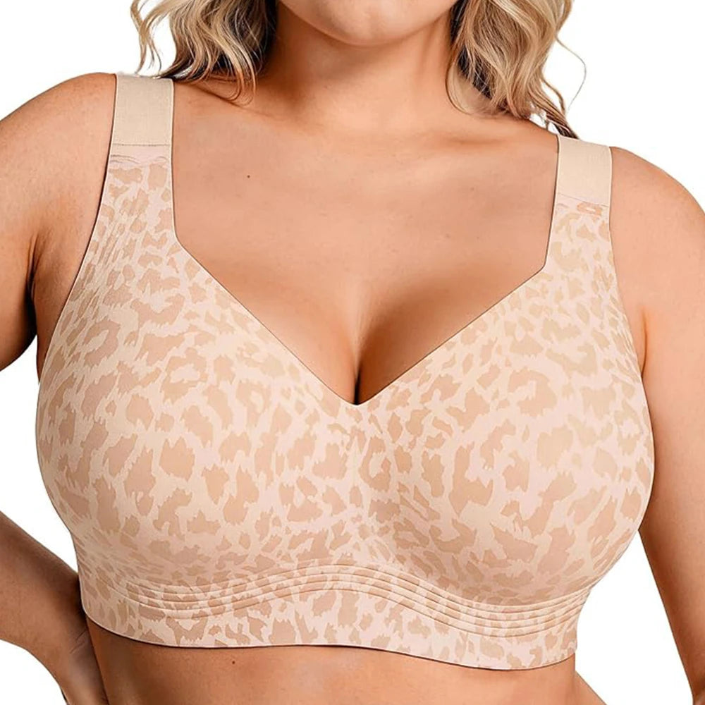 Stylish Leopard Print Wireless Push-Up Bra - Seamless Full Coverage Bralette for Plus Size Comfort