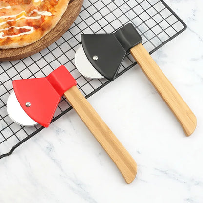 Stainless Steel Pizza Cutter Kitchen Restaurant Pizza Axel Tool Axe Pizza Cutter with Bamboo Handle and Sharp Rotating Blade