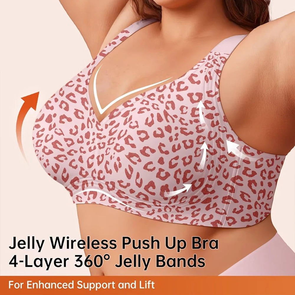 Stylish Leopard Print Wireless Push-Up Bra - Seamless Full Coverage Bralette for Plus Size Comfort