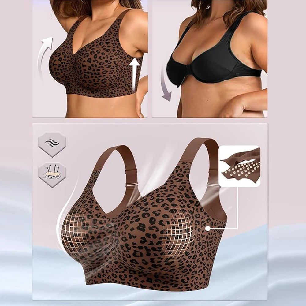 Stylish Leopard Print Wireless Push-Up Bra - Seamless Full Coverage Bralette for Plus Size Comfort