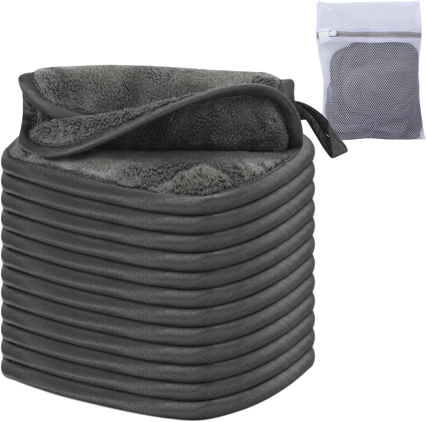 12 Pcs Microfiber Makeup Remover Cloth Soft Facial Cleansing Cloths Absorbent Washcloth Face Cloths with Laundry Bag Grey15X15 Cm