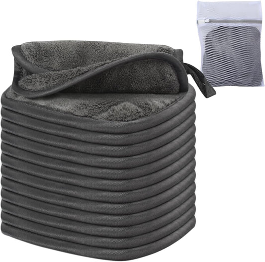 12 Pcs Microfiber Makeup Remover Cloth Soft Facial Cleansing Cloths Absorbent Washcloth Face Cloths with Laundry Bag Grey15X15 Cm